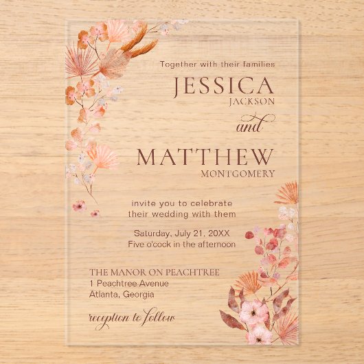 Elegant Peach Boho Style Floral Acrylic Invitation アクリル招待状 (正面)