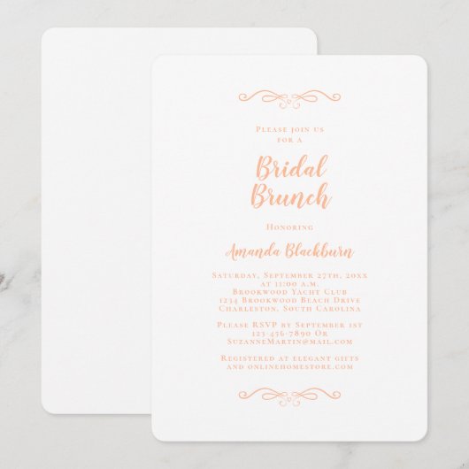Elegant Peach Calligraphy Bridal Brunch  招待状 (正面/裏面)