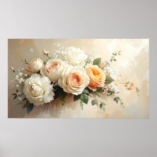 Elegant Peach & Cream Rose Bouquet: Romantic Paint ポスター (正面)