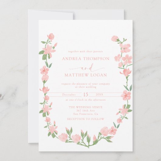 Elegant Peach Floral Botanical QR Wedding 招待状 (正面)