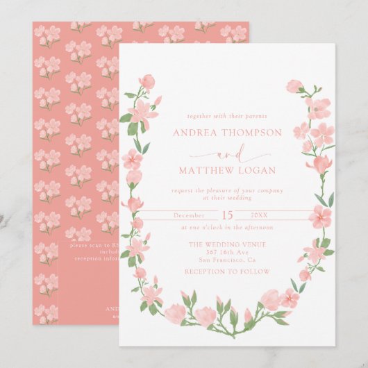 Elegant Peach Floral Botanical QR Wedding 招待状 (正面/裏面)