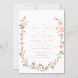 Elegant Peach Floral Botanical QR Wedding 招待状