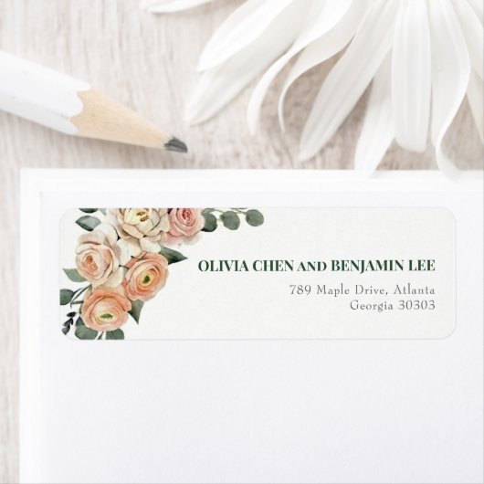Elegant Peach Floral & Gold Lattice Address ラベル (インサイチュ)