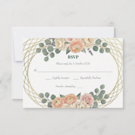 Elegant Peach Floral & Gold Lattice Oval Wedding 出欠カード