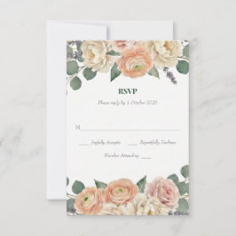 Elegant Peach Floral & Gold Lattice Oval Wedding 出欠カード