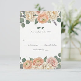 Elegant Peach Floral & Gold Lattice Oval Wedding 出欠カード