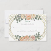 Elegant Peach Floral & Gold Lattice Oval Wedding  出欠カード (正面)