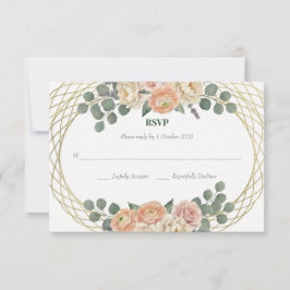 Elegant Peach Floral & Gold Lattice Oval Wedding  出欠カード