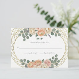 Elegant Peach Floral & Gold Lattice Oval Wedding  出欠カード