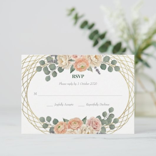 Elegant Peach Floral & Gold Lattice Oval Wedding  出欠カード (スタンド正面)