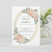Elegant Peach Floral & Gold Lattice Oval Wedding 招待状 (スタンド正面)