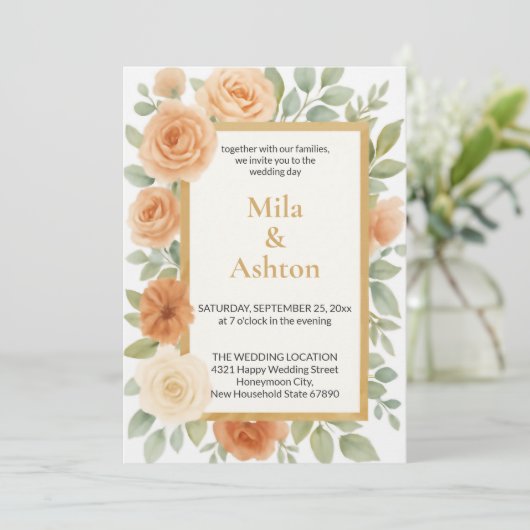 Elegant Peach Floral Wedding Invitation – Editable 招待状 (スタンド正面)