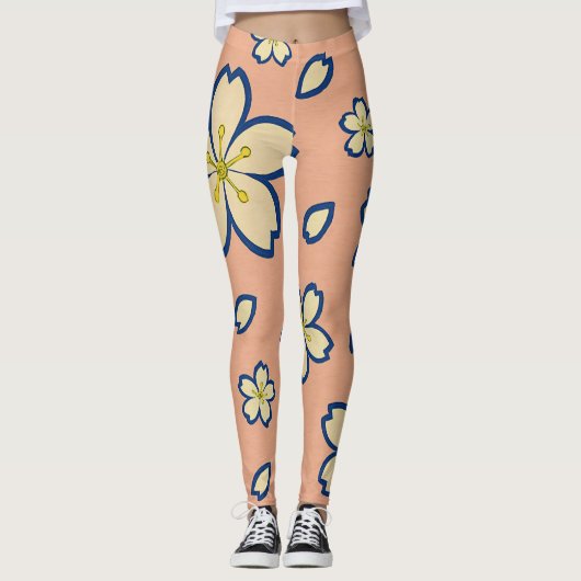 Elegant Peach Kimono – Traditional Japanese Floral レギンス (正面)