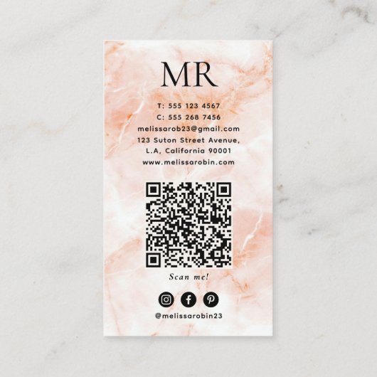 Elegant Peach Marble Texture Monogram and QR Code 名刺 (裏面)