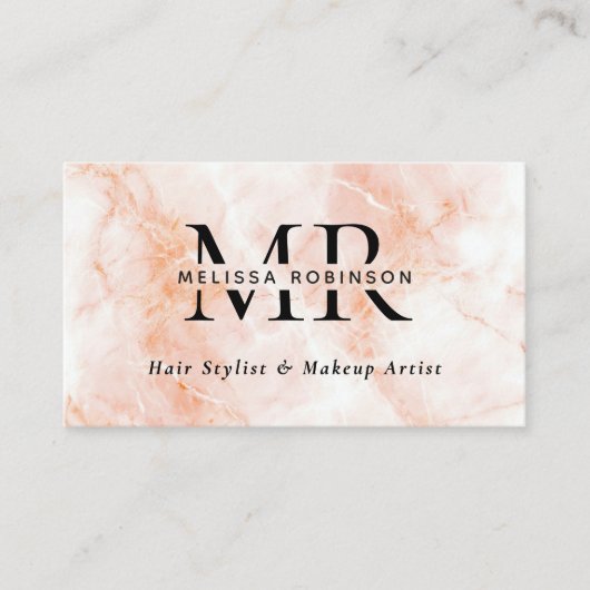 Elegant Peach Marble Texture Monogram and QR Code 名刺 (正面)