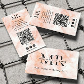 Elegant Peach Marble Texture Monogram and QR Code 名刺