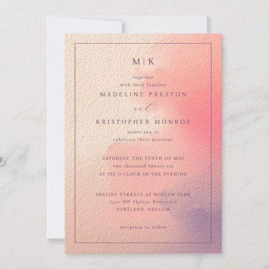 Elegant Peach Pink Wedding Invitation 招待状 (正面)