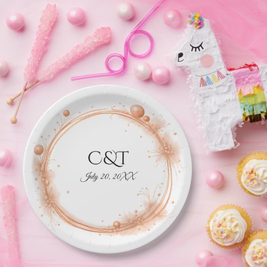 Elegant Peach Sparkle Wedding Script Calligraphy ペーパープレート (パーティー)