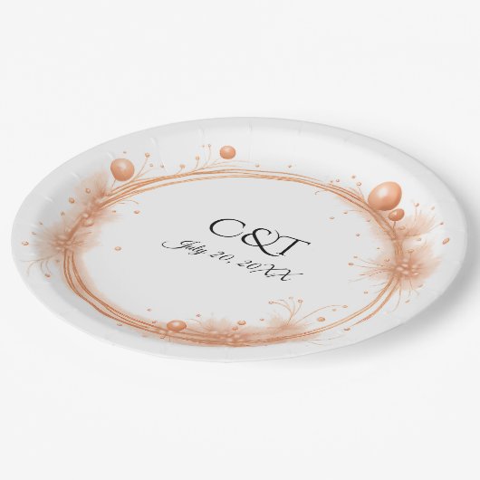 Elegant Peach Sparkle Wedding Script Calligraphy ペーパープレート (アングル)