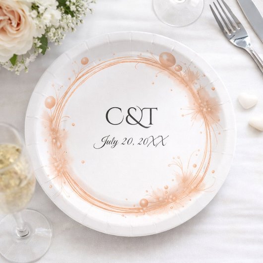 Elegant Peach Sparkle Wedding Script Calligraphy ペーパープレート