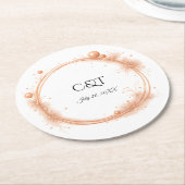 Elegant Peach Sparkle Wedding Script Calligraphy ラウンドペーパーコースター (アングル)