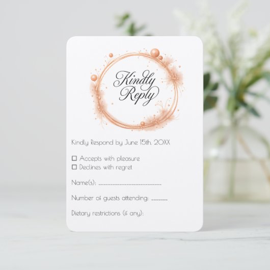 Elegant Peach Sparkle Wedding Script Calligraphy 出欠カード (スタンド正面)
