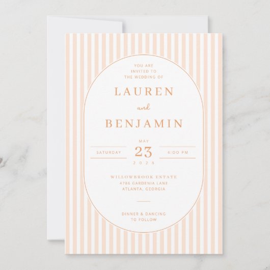 Elegant Peach Striped Wedding Invitation 招待状 (正面)