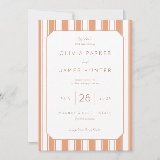 Elegant Peach Striped Wedding Invitation 招待状 (正面)