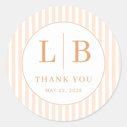 Elegant Peach Stripes and Initials ラウンドシール (正面)