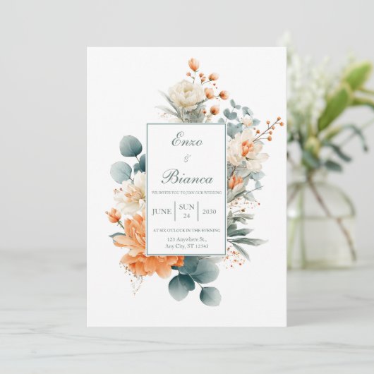 Elegant Peach White Eucalyptus Gold Speckle 招待状 (スタンド正面)