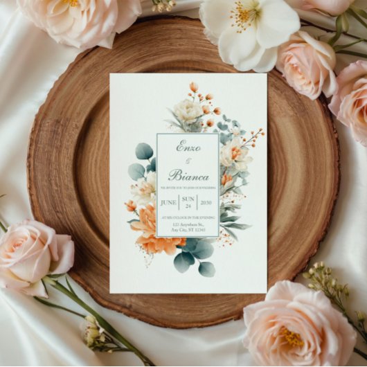 Elegant Peach White Eucalyptus Gold Speckle 招待状