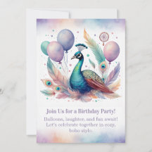 Elegant Peacock Birthday Invitation  Boho 