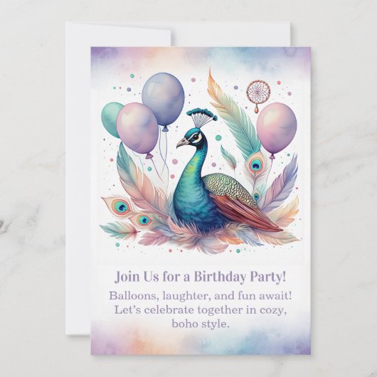 Elegant Peacock Birthday Invitation  Boho  招待状 (正面)