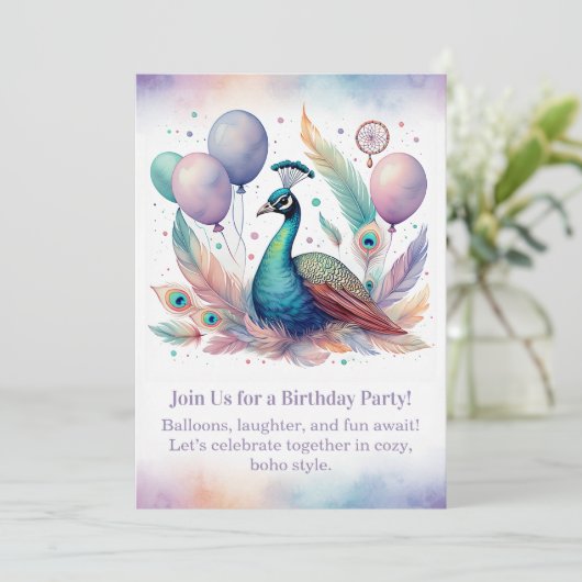 Elegant Peacock Birthday Invitation Boho 招待状 (スタンド正面)