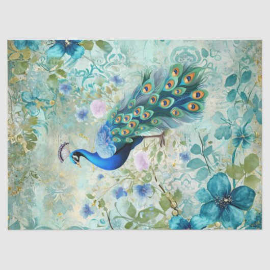 Elegant Peacock Distressed Blue Floral 薄葉紙 (正面)