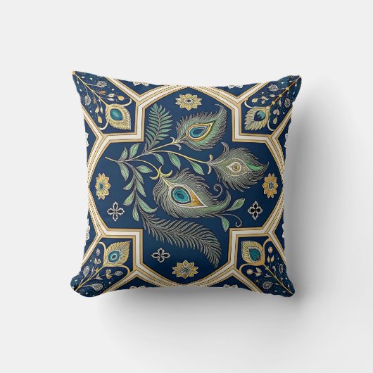 Elegant Peacock Feather Decorative Throw Pillow クッション (正面)
