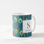 Elegant Peacock Feather Monogram Custom Name Mug コーヒーマグカップ (正面右)