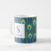 Elegant Peacock Feather Monogram Custom Name Mug コーヒーマグカップ (正面左)