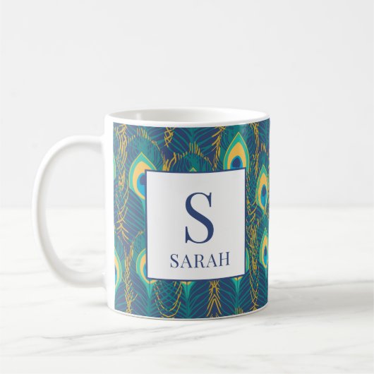 Elegant Peacock Feather Monogram Custom Name Mug コーヒーマグカップ (左)