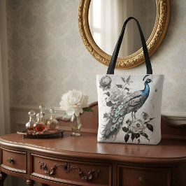 Elegant Peacock Tote Bag with Floral Illustration  トートバッグ