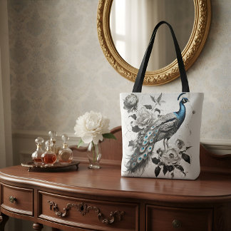 Elegant Peacock Tote Bag with Floral Illustration  トートバッグ