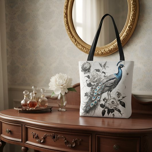 Elegant Peacock Tote Bag with Floral Illustration  トートバッグ