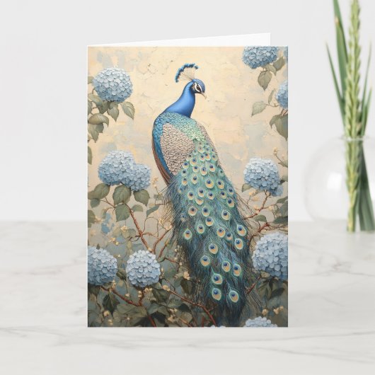 Elegant Peacock with Blue Hydrangeas Oil Painting カード (正面)