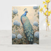 Elegant Peacock with Blue Hydrangeas Oil Painting カード (黄色い花)