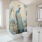 Elegant Peacock with Blue Hydrangeas Oil Painting シャワーカーテン (インサイチュ)
