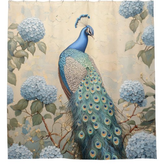 Elegant Peacock with Blue Hydrangeas Oil Painting シャワーカーテン (正面)