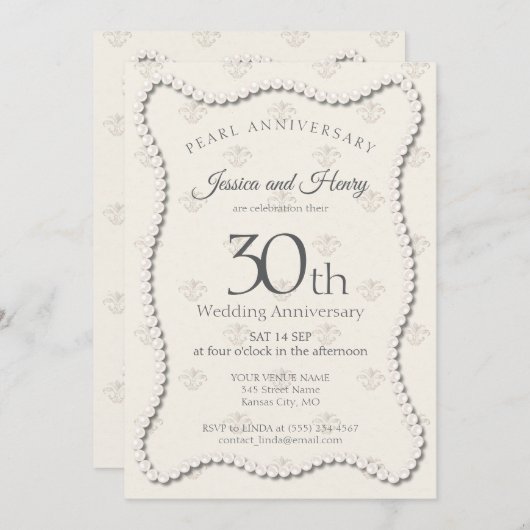Elegant Pearl 30th wedding anniversary photo 招待状 (正面/裏面)