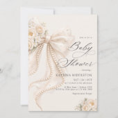 Elegant Pearl Bow Floral Baby Shower  招待状 (正面)