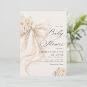 Elegant Pearl Bow Floral Baby Shower  招待状 (スタンド正面)