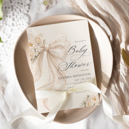 Elegant Pearl Bow Floral Baby Shower  招待状